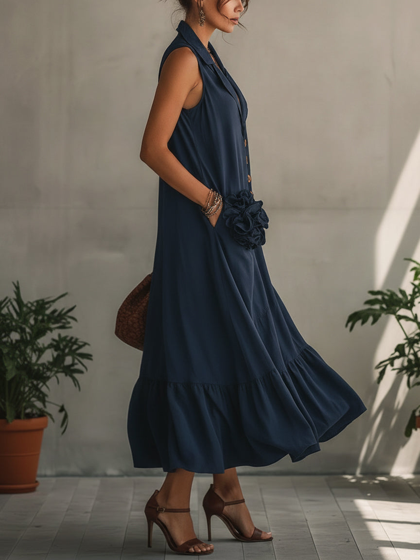 Navy Sleeveless Button Up Floral Maxi Dress
