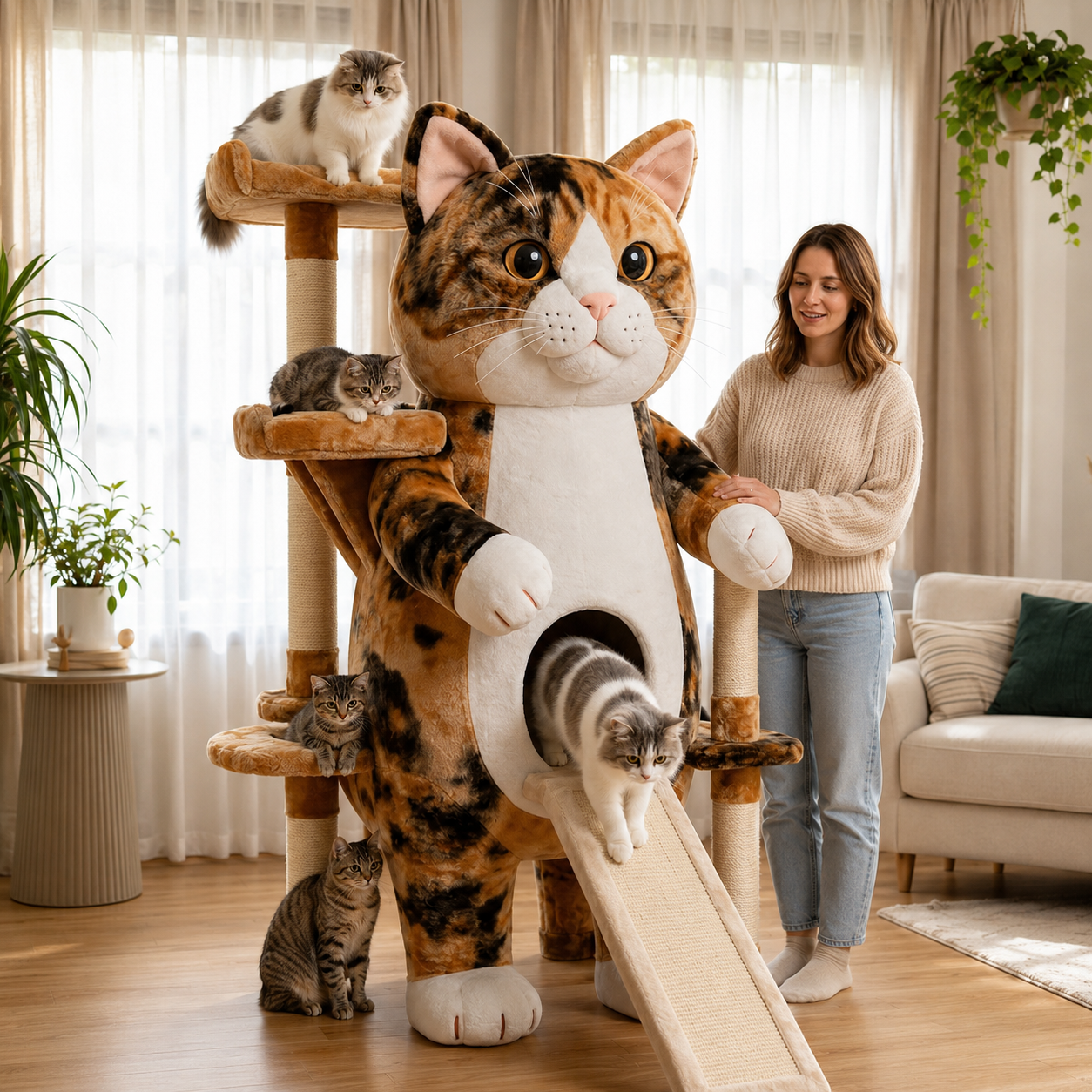 Giant Cat-Shaped Multi-Level Cat Tree
