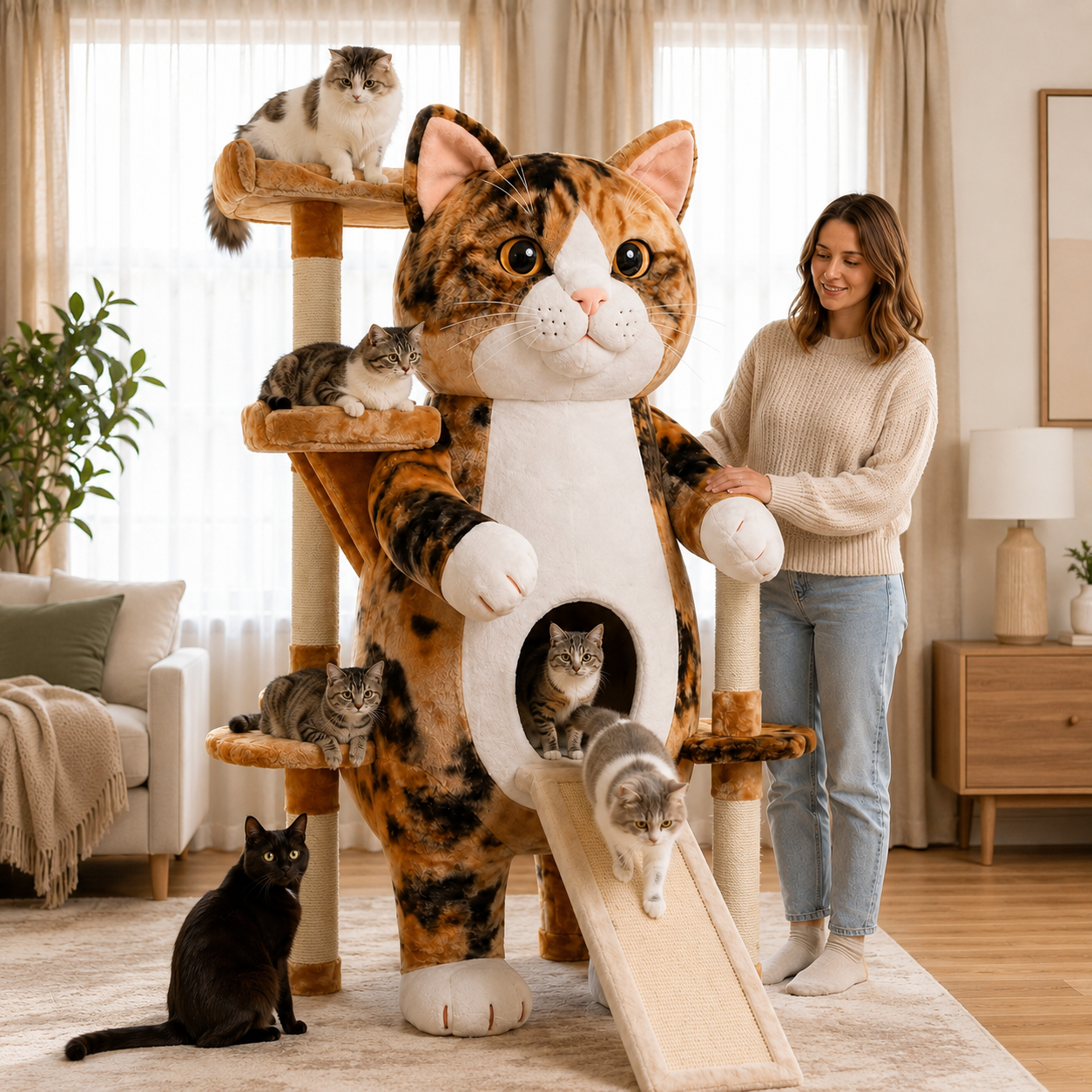 Giant Cat-Shaped Multi-Level Cat Tree