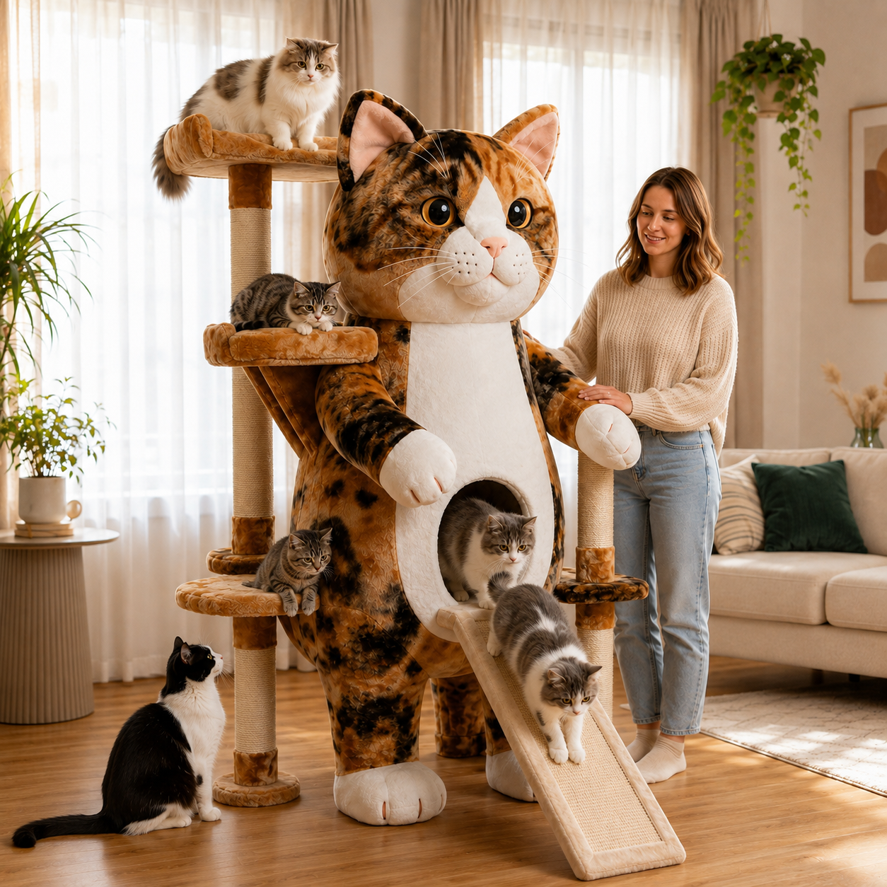 Giant Cat-Shaped Multi-Level Cat Tree