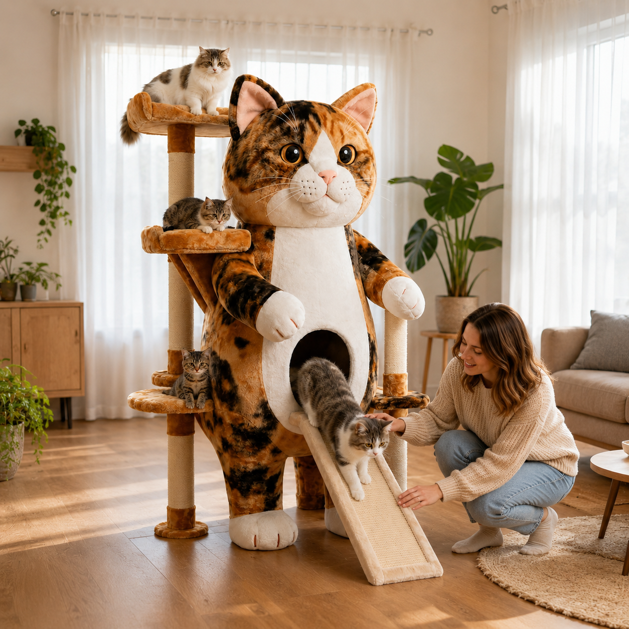 Giant Cat-Shaped Multi-Level Cat Tree